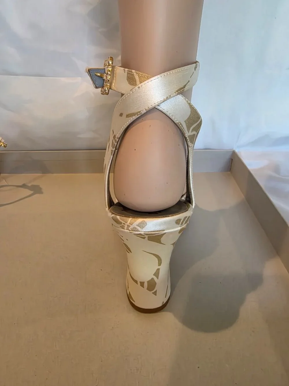 VIVIENNE WESTWOOD IVORY & GOLD PRINT PLATFORM ANKLE STRAP HEELS
